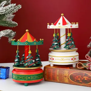 Carillon di Natale in Legno Scatola Musicale Rotante Decorazione Albero di Natale Ornamenti da Tavolo Regalo per Bambini