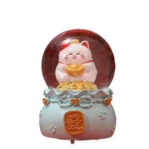 Lucky cat snow globe ornament desktop glowing fortune cat resin craft new year gift