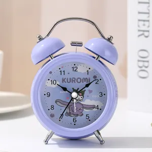 Kuromi cartoon twin-bell alarm clock pastel purple desktop clock for kids bedroom decor.