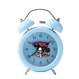 Cute blue metal twin bell alarm clock with cartoon Kuromi dial design for kids bedroom decor.