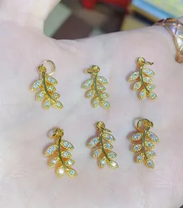 14k gold plated micro-pave cubic zirconia leaf shape charms jewelry pendants set of 6