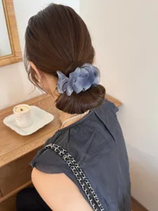 Vue détaillée d'une pince à cheveux en tulle plissé pour une coiffure en chignon.