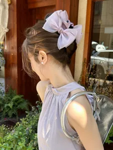 Elegant lavender organza bow hair claw clip for fairy-style updos and bun hairstyles