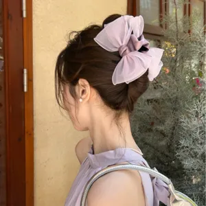 Elegant lavender organza bow hair claw clip for fairy-like back of head updo styling