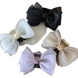 Elegant organza bow hair claw clips in four assorted soft colors for women