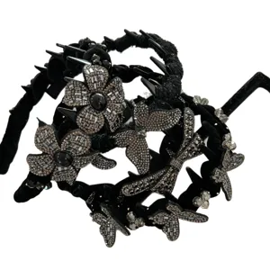 Elegant luxury black velvet headband with sparkling rhinestone butterflies and flowers