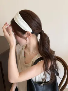 Elegant Korean style minimalist white wide woven headband worn by a female model