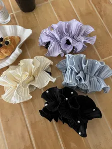 Elegant pleated ruffle satin banana clips with pearl accents in four assorted colors