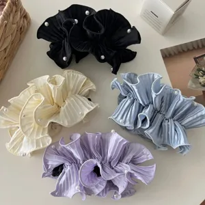 Elegant pleated satin ruffle banana clips with pearl accents for women in four colors