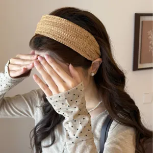 Elegant woven wide headband for women in Korean minimalist style, beige hair hoop