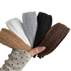 Korean style set of five wide knitted headbands in neutral colors like grey and brown.
