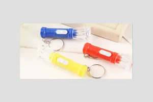 Vista dettagliata di portachiavi con torcia LED in plastica portatili in vari colori.