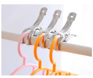 Stainless steel clip detail shot showing strong metal clamp holding hangers on rod securely.