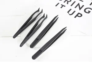 Black plastic tweezers set, straight and curved tips, ideal for DIY diamond painting crafts.