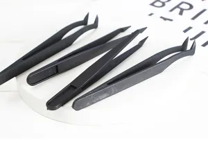 Black plastic tweezers for diamond painting, ABS material, curved and straight tips for DIY crafts.