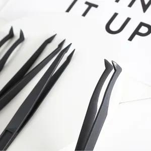 Black plastic tweezers set for diamond painting and DIY craft tools, 12cm angled tips.