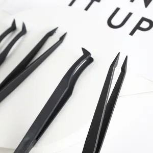 Black plastic tweezers set for diamond painting and DIY crafts, straight and curved tips.