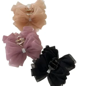 Lot de 3 grandes pinces à cheveux élégantes avec nœud en tulle et perles pour le coiffage