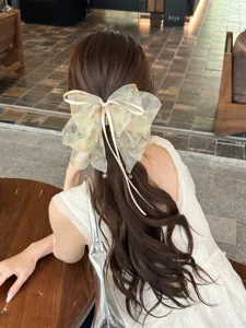 Detail view of a fairy style sheer mesh bow hair clip worn on long wavy brown hair.