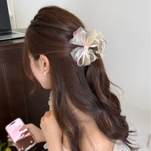 Elegante pinza para el cabello estilo coreano con lazo de malla floral para mujer