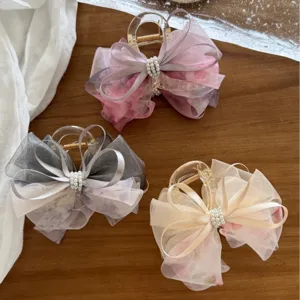 Pinza de pelo con lazo floral de malla estilo coreano y perlas para mujer