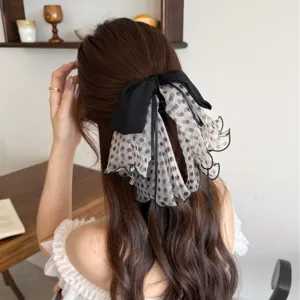 French Elegant Mesh Bow Hair Clip With Pendant Bead Polka Dot Floral Leopard Print Ponytail Clip For Women Hair Accessories