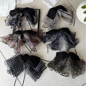 French style mesh bow hair clips with elegant polka dots and floral patterns for women