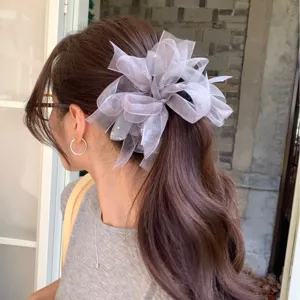 Chouchou en Organza de Luxe avec Nœud pour Femmes Surdimensionné Strass Élastique Élégant Support de Queue de Cheval Accessoires Cheveux