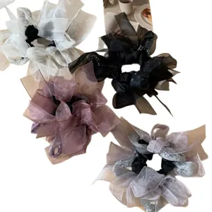 Grands chouchous élégants en organza avec nœuds et strass brillants en quatre couleurs