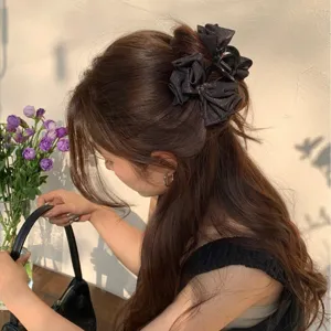 French Vintage Satin Bow Hair Claw Clip With Rhinestones Elegant Black Off White Fabric Shark Clip For Women Girls Hair Accessories