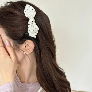 Sweet Korean style white polka dot bow hair comb clip for elegant princess hairstyles