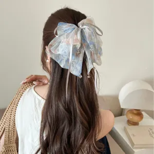 Elegant fairy style gradient mesh bow hair clip for half-up hairstyles on long hair