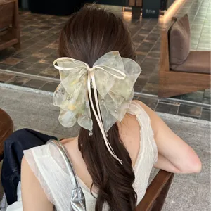 Elegant fairy-style tie-dye mesh bow hair clip with dangling beads for women's hairstyle
