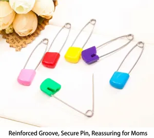 Colorful baby safety pins with secure locking plastic heads and durable metal needles.