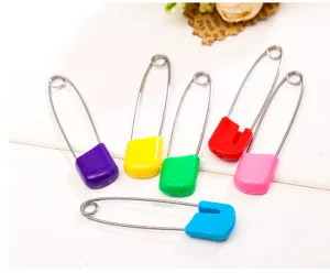 Colorful baby safety pins set, durable metal diaper pins with secure plastic lock heads.