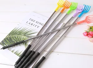 Stainless steel telescopic back scratcher with colorful plastic head and non-slip handle.