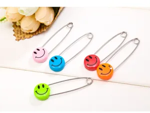 Colorful smiley face safety pins, secure baby safety pins with round heads, multi-color pack.