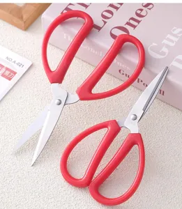 Red household scissors stainless steel office stationery paper cutting scissors for craft use.
