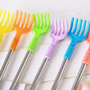 Telescopic stainless steel back scratcher with colorful plastic claw head, convenient daily tool.