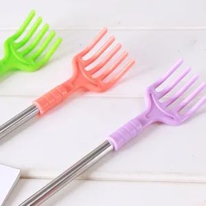 Telescopic stainless steel back scratcher with colorful plastic hand shaped head, 3 pack.