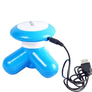 Portable mini electric three-leg body massager with USB cable in blue and white.
