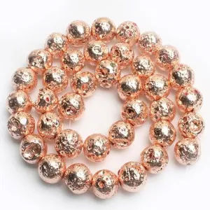 Rose gold electroplated lava stone beads round loose beads for DIY bracelet jewelry making.