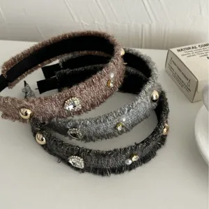 Elegantes Tweed-Strick-Haarband-Set mit funkelnden Strasssteinen und Perlen für Damen