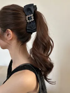 Elegant black satin bow banana clip with crystal square buckle detail for women's hair