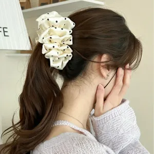 Elegant cream silk-like polka dot bubble banana hair clip for voluminous ponytail styling