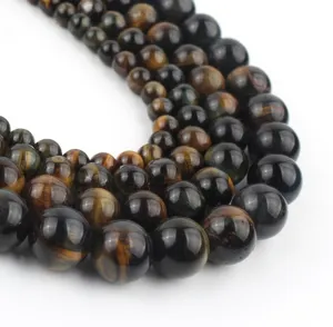 Natural Yellow Blue Tiger Eye Stone Loose Round Beads For DIY Bracelet Necklace Jewelry Making Craft Supplies