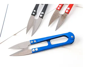 Detail shot of colorful U-shaped thread clippers featuring durable steel blades for precise cutting.
