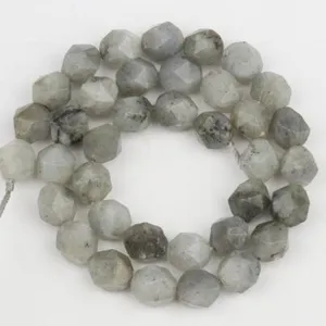 Detailed shot of grey faceted gemstone beads, perfect for DIY handmade jewelry bracelets.