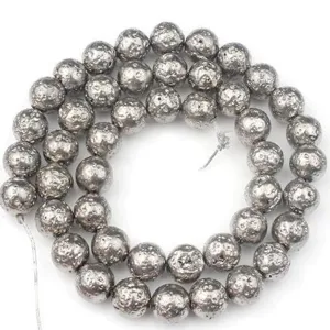 Silver electroplated lava stone round loose beads for DIY handmade bracelet jewelry making.