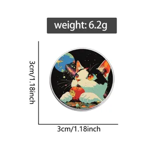Detail of round space cat enamel pin with dimensions 3cm and 6.2g weight measurement
